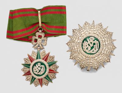 two medals and a ribbon on a white surface