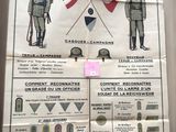 affiche représentant des uniformes et des insignes de l'armée française, accrochée à un mur