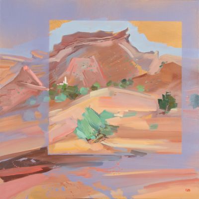 an oil painting of a desert scene with a tree in the foreground