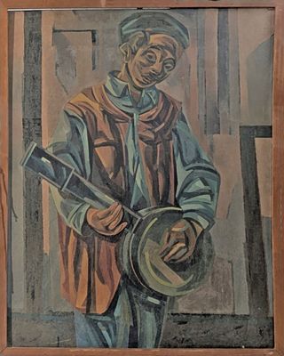 tableau représentant un homme avec un banjo, dans un cadre en bois
