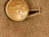 a close up of a button on a brown coat