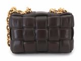brown leather purse with gold chain strap on a white background