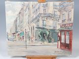 an oil painting of a street scene with buildings and a horse drawn carriage