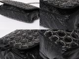 two photos of a black purse with a chain hanging from it ' s side