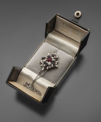 une photo d'une broche en diamants et perles dans un écrin