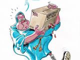 political cartoon of a man carrying a box with a message above it