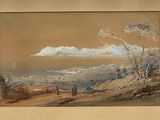 a picture of a painting of a view of a town