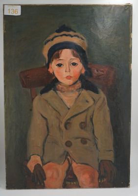 an oil painting of a young girl in a hat and coat sitting in a chair