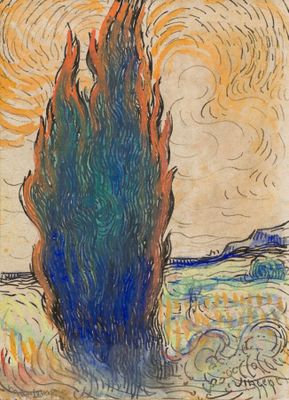 une image représentant un dessin d'un arbre au milieu d'un champ