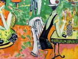 un tableau représentant une femme assise à une table dans un jardin