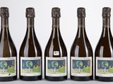 six bouteilles de vin sont alignées dans une rangée
