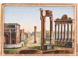 an oil painting of a view of a roman city with columns and a clock