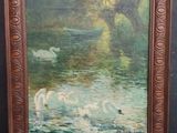 an oil painting of swans swimming in a lake with trees in the background