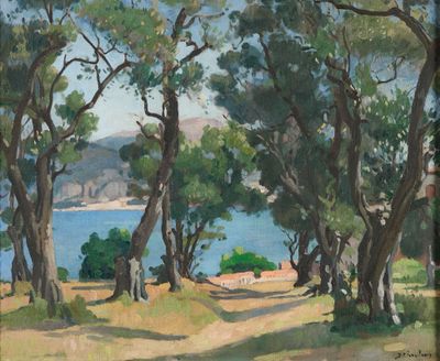 une peinture représentant des arbres près d'un plan d'eau