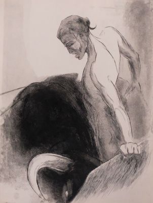 drawing of a man leaning over a bull in a black and white photo
