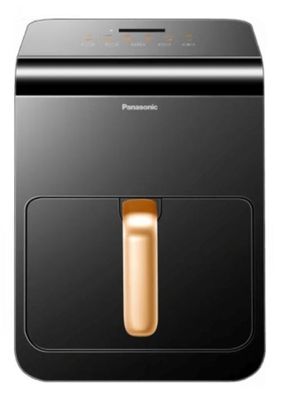 a black and gold air fryer on a white background