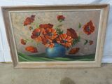 une image d'un tableau de fleurs dans un vase bleu