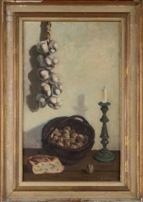 painting of a still life of garlic, bread, and a candle