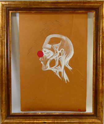 painting of a clown with a red nose in a gold frame