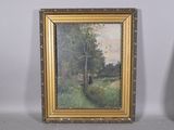 painting of a woman in a field by a tree in a gold frame