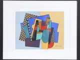 an abstract painting of squares and shapes in blue, yellow, and red