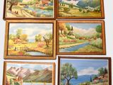 six paintings of a landscape with a river, a church, a boat, and a house