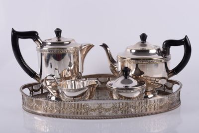 Service à thé et à café 4 pièces avec plateau en métal argen…