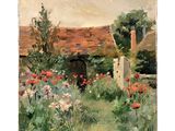 une image représentant un tableau représentant un jardin avec des fleurs et des arbres