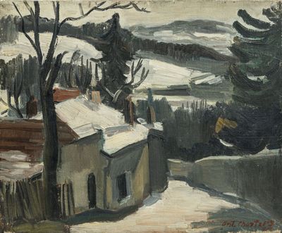 une image représentant un tableau d'une maison sous la neige