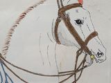 drawing of a man riding a horse with a helmet on