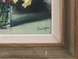 a painting of flowers in a glass vase on a table