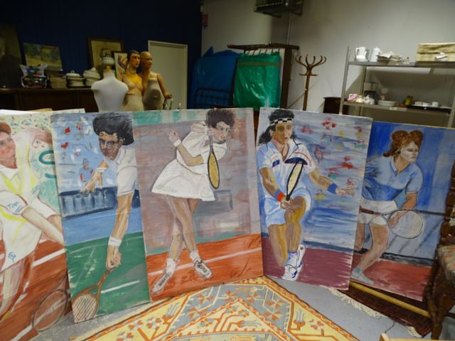 Ensemble de 6 peintures sur carton « tennisman » - 130 cm de haut...