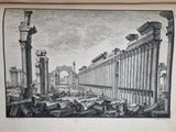 drawing of a view of a roman city with columns and a clock