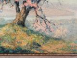 an oil painting of a tree on a hill with a sky background