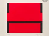 an image of a red and black painting on a white wall
