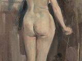 an image of a painting of a nude woman standing on a plate