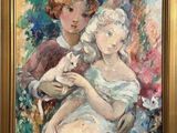une image représentant un tableau où l'on voit deux femmes tenant un chat