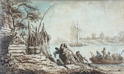 tableau représentant un groupe de personnes dans un bateau sur une rivière
