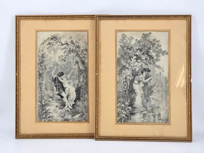 two framed prints of a couple in a garden