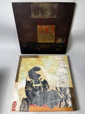 two paintings of a man and a woman on a horse drawn carriage