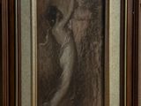 tableau représentant une femme en robe blanche, dans un cadre en bois
