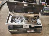 a box with two burners and a fan inside of it