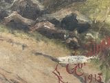 an image of a painting of a mountain scene with a person on a horse