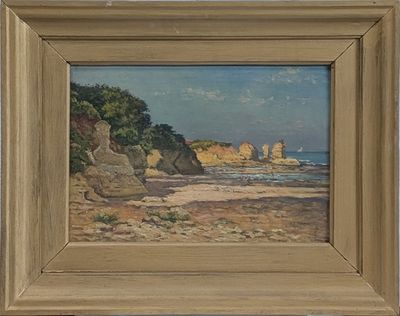 une peinture à l'huile représentant une plage rocheuse, avec des rochers au premier plan