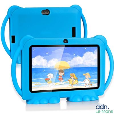 a blue tablet with a picture of a cat on the screen