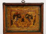 an old wooden box with a painting on the inside of it
