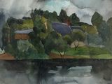une aquarelle représentant une maison sur une petite île