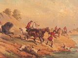 painting of a group of men riding horses next to a body of water