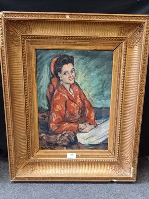 un tableau représentant une femme en veste rouge assise sur une chaise