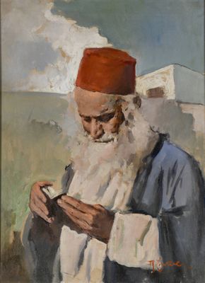 une peinture à l'huile représentant un homme coiffé d'un chapeau rouge, les yeux rivés sur son téléphone portable